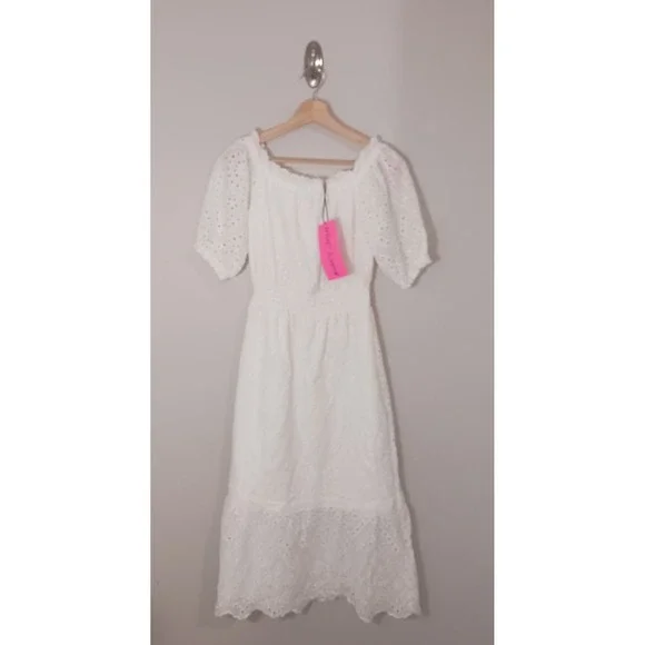 Betsey Johnson Eyelet White Coastal Bridal Bachelorette Midi Dress Size S New - Picture 1 of 9
